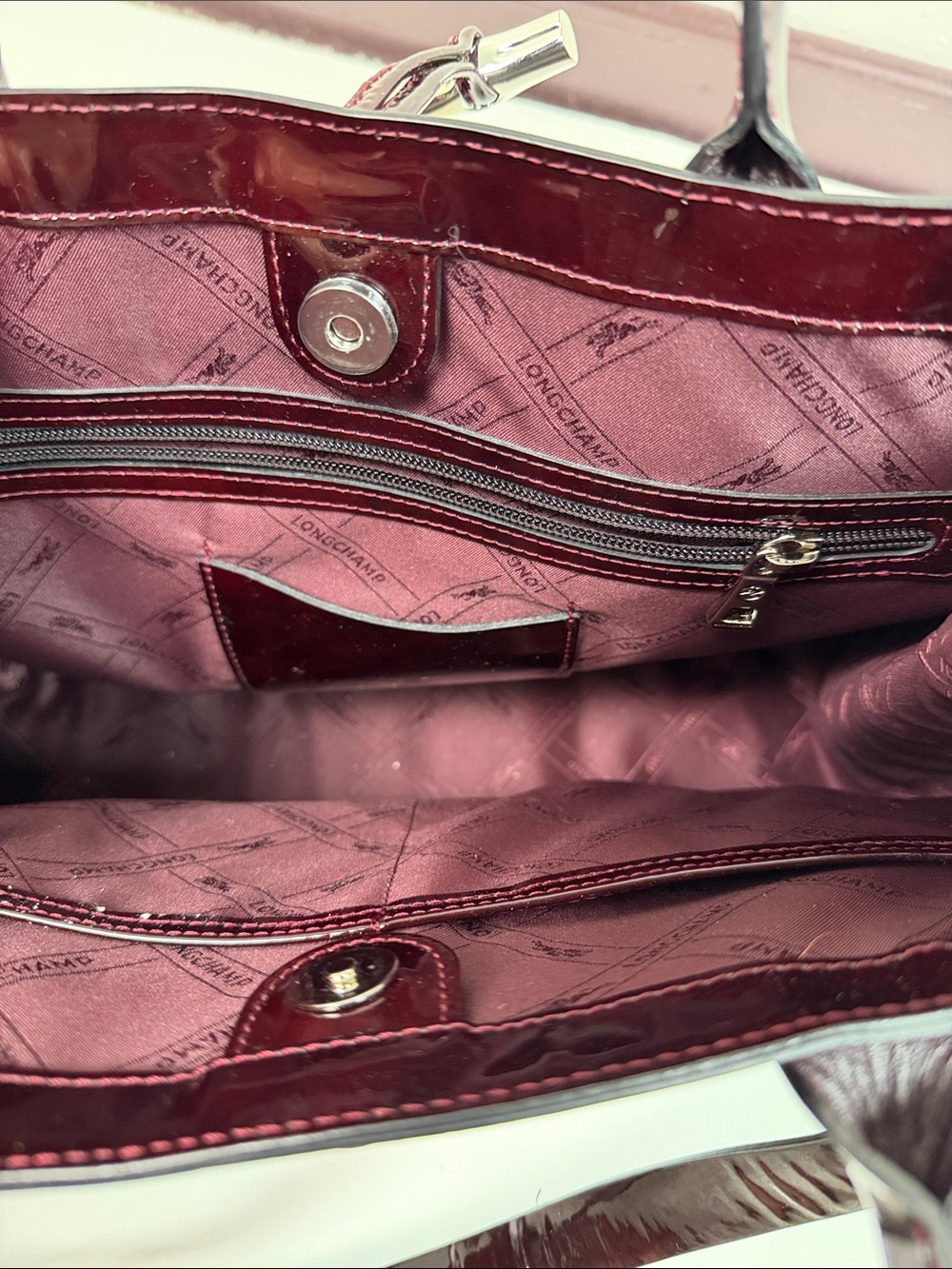 Longchamp Roseau Burgundy Patent Leather Tote Bag Designer Classic Luxury Purse - Picture 8 of 12